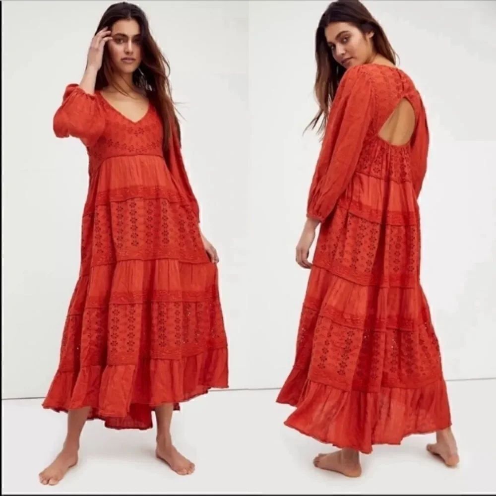 Free People Mockingbird Maxi Orange Dress Boho Backless Burnt Size XS
